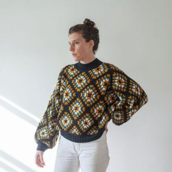 Misha And Puff Sweaters - Mischa & Puff Square Crochet Sweater in Carbon- 70s Patchwork Puff Sleeves